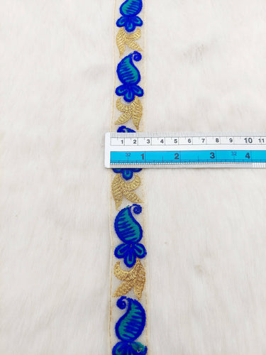 Beige Tissue Fabric Trim With Blue and Gold Embroidery, Paisley Embroidery, Trim by 2 Yards